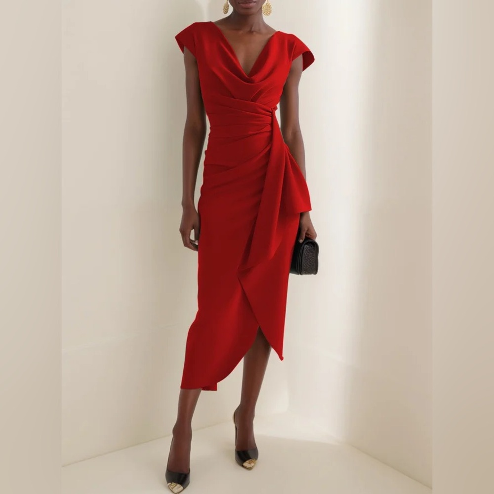 Fehaute Cowl Neck Ruched Cap Sleeve Sheath Midi Dress